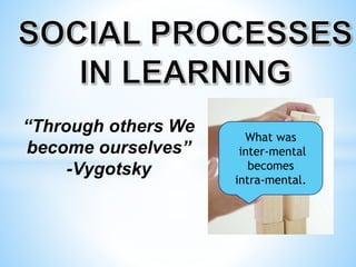 “Through others We
become ourselves”
-Vygotsky
What was
inter-mental
becomes
intra-mental.
 