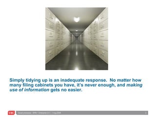 Simply tidying up is an inadequate response.  No matter how many filing cabinets you have, it’s never enough, and  making use of   information  gets no easier. 