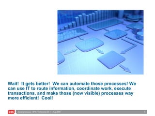 Wait!  It gets better!  We can automate those processes! We can use IT to route information, coordinate work, execute transactions, and make those (now visible) processes way more efficient!  Cool! 