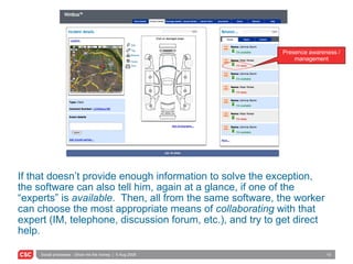 If that doesn’t provide enough information to solve the exception, the software can also tell him, again at a glance, if one of the “experts” is  available .  Then, all from the same software, the worker can choose the most appropriate means of  collaborating  with that expert (IM, telephone, discussion forum, etc.), and try to get direct help. Presence awareness / management Edit Tag Network Feeds Print 