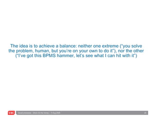 The idea is to achieve a balance: neither one extreme (“you solve the problem, human, but you’re on your own to do it”), nor the other (“I’ve got this BPMS hammer, let’s see what I can hit with it”) 
