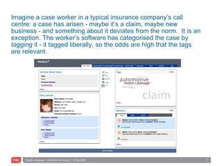 Imagine a case worker in a typical insurance company’s call centre: a case has arisen - maybe it’s a claim, maybe new business - and something about it deviates from the norm.  It is an exception. The worker’s software has categorised the case by  tagging  it - it tagged liberally, so the odds are high that the tags are relevant.  Edit Tag Network Feeds Print 