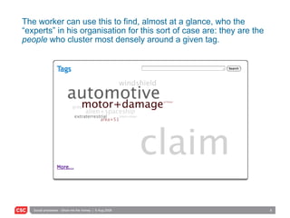The worker can use this to find, almost at a glance, who the “experts” in his organisation for this sort of case are: they are the  people  who cluster most densely around a given tag. 