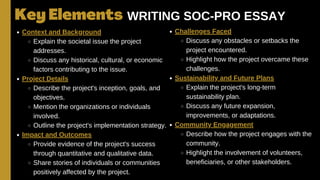 Context and Background
Explain the societal issue the project
addresses.
Discuss any historical, cultural, or economic
factors contributing to the issue.
Project Details
Describe the project's inception, goals, and
objectives.
Mention the organizations or individuals
involved.
Outline the project's implementation strategy.
Impact and Outcomes
Provide evidence of the project's success
through quantitative and qualitative data.
Share stories of individuals or communities
positively affected by the project.
Key Elements WRITING SOC-PRO ESSAY
Challenges Faced
Discuss any obstacles or setbacks the
project encountered.
Highlight how the project overcame these
challenges.
Sustainability and Future Plans
Explain the project's long-term
sustainability plan.
Discuss any future expansion,
improvements, or adaptations.
Community Engagement
Describe how the project engages with the
community.
Highlight the involvement of volunteers,
beneficiaries, or other stakeholders.
 