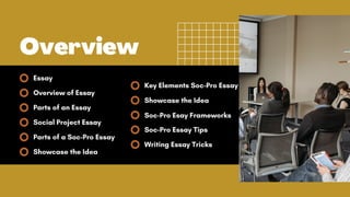 Overview
Essay
Overview of Essay
Parts of an Essay
Social Project Essay
Parts of a Soc-Pro Essay
Showcase the Idea
Soc-Pro Essay Tips
Key Elements Soc-Pro Essay
Writing Essay Tricks
Showcase the Idea
Soc-Pro Esay Frameworks
 
