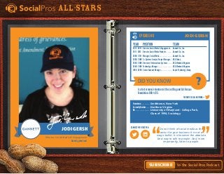 Did You Know
Favorite Social Network =
Connect with this pro:
?
All-Stars
to the Social Pros Podcast.Subscribe
LISTEN
Do not think of social media as the
savior for your business. It is not a
magic bullet. It is however the absolute
best way to talk to people. And, more
importantly, listen to people.
Episode #8
Hometown. . . . . . . . . . . . Smithtown, New York
Currently Resides. . . . . . Northern Virginia
BA. . . . . . . . . . . . . . . . . . . University of Maryland - College Park,
	 Class of 1994, Sociology
Year	Position	 Team
2012 - NOW	 Director, Social Media & Engagement. . . . Gannett Co., Inc.
2011 - 2012	 Director, Social Media Products. . . . . . . . . Gannett Co., Inc.
2008 - 2011	Manager, Social Media. . . . . . . . . . . . . . . . . Gannett Co., Inc.
2006 - 2008	 Sr. Systems Analyst, Project Manager. . . USA Today
2005 - 2006	 Director of Informations Systems. . . . . . . USA Weekend Magazine
2000 - 2005	 Technology Manager. . . . . . . . . . . . . . . . . . USA Weekend Magazine
1996 - 2000	 Senior Account Manager. . . . . . . . . . . . . . . Aspire Technology Group
Is a foster mom/volunteer at the Lost Dog and Cat Rescue
Foundation. DOB 4/23.
Jodi Gersh
Director, Social Media & Engagement
Gannett, gannett.com
JodiGersh
Jodi Gersh
 