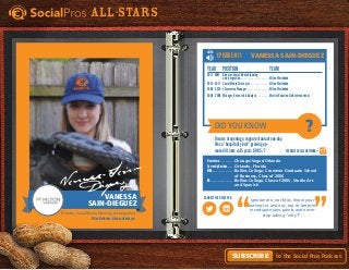 Did You Know
Favorite Social Network =
Connect with this pro:
?
All-Stars
to the Social Pros Podcast.Subscribe
LISTEN
Ignorance is not bliss. Know your
business in and out, top to bottom.
Investigate pain points and never
stop asking “why?”.
Episode #11
Hometown. . . . . . . . . . . . Chicago/Vegas/Orlando
Currently Resides. . . . . . Orlando, Florida
MBA. . . . . . . . . . . . . . . . . . Rollins College, Crummer Graduate School
	 of Business, Class of 2006
BA. . . . . . . . . . . . . . . . . . . Rollins College, Class of 2005, Studio Art
	 and Spanish
Year	Position	 Team
2011 - NOW	 Director-Social Media Planning
	 and Integration. . . . . . . . . . . . . . . . . . . . . . . Hilton Worldwide
2010 - 2011	 Social Media Strategist. . . . . . . . . . . . . . . . Hilton Worldwide
2009 - 2010	 eCommerce Manager. . . . . . . . . . . . . . . . . . Hilton Worldwide
2006 - 2008	Manager, Research & Analysis. . . . . . . . . . Marriot Vacation Club International
Dreams of opening a vegan restaurant one day.
Was a “hospitality brat” growing up -
moved 9 times in 15 years. DOB 5/7
Vanessa Sain-Dieguez
Director, Social Media Planning & Integration
Hilton Worldwide, hiltonworldwide.com
Vanessa
Sain-Dieguez
VanessaSain-
Dieguez
 
