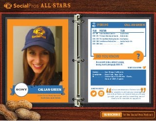 Did You Know
Favorite Social Network =
Connect with this pro:
?
All-Stars
to the Social Pros Podcast.Subscribe
LISTEN
Social is a combination of science and art.
Rely on analytics to dictate your strategy, but
know that there are times where you should
go with your gut and try something even if
there are no numbers to support it.
Episode #43
Hometown. . . . . . . . . . . . San Diego, California
Currently Resides. . . . . . New York, New York
BA. . . . . . . . . . . . . . . . . . . University of California - Davis,
	 Class of 2007, English
Year	Position	 Team
2011 - NOW	 Senior Social Media Specialist. . . . . . . . . . Sony Electronics
2008 - 2011	 PR & Social Media Account Executive. . . . Bailey Gardiner
2009 - 2010	 PR&SocialMediaMarketingConsultant. . Brain Highways
2009 - 2009	 Social Media and Publicity Chair. . . . . . . . Encinitas Relay for Life
2007 - 2008	Intern. . . . . . . . . . . . . . . . . . . . . . . . . . . . . . . SZPR
Obsessed with fashion, addicted to running,
dancing, travel & photography. DOB 9/16.
Callan Green
Senior Social Media Specialist
Sony Electronics, sony.net/electronics
CallanGreen
Callan Green
 
