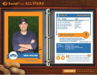 Did You Know
Favorite Social Network =
Connect with this pro:
?
All-Stars
to the Social Pros Podcast.Subscribe
LISTEN
E-cubed: Explore, Educate, Experiment with social
channels. Also, understand your customer, what
makes them tick and then deliver valuable/rel-
evant content to them. They will reward you with
loyalty, brand advocacy and purchase in return.
Episode #73
Hometown. . . . . . . . . . . . Arlington, Texas
Currently Resides. . . . . . Charlotte, North Carolina
BA. . . . . . . . . . . . . . . . . . . The Baylor University, Sociology,
	 Marketing Minor
Year	Position	 Team
2011 - NOW	 Dir.ofSocialMedia&EmergingPlatforms. . Lowes Home Improvement
2007 - 2011	 Director, Digital Strategy. . . . . . . . . . . . . . The Martin Agency
2005 - 2007	Interactive Account Supervisor. . . . . . . . . The Richards Group
2003 - 2005	Interactive Account Supervisor. . . . . . . . . Rapp Collins
2000 - 2002	 Project Manager. . . . . . . . . . . . . . . . . . . . . . MePlusYOU Agency
1999 - 2000 	Media Coordinator. . . . . . . . . . . . . . . . . . . . JWT
Oncecaughtabat,mid-air,thatflewintothestandsataTexas
Rangersgame.TVcommentatorsthenproceededtomakefunofthe
crazyguythatdidn’tgetoutoftheway.DOB4/2.
Brad Walters
Director of Social Media & Emerging Platforms
Lowe’s Home Improvement, lowes.com
BradWalters
Brad Walters
 
