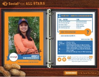 Connect with this pro:
All-Stars
to the Social Pros Podcast.Subscribe
LISTEN
Favorite Social Network =
Take a risk! Test, test, and test again
‘cause what worked today may not work
tomorrow, but what didn’t work yesterday
may work again in the future.
Episode #104
Hometown. . . . . . . . . . . . Mumbai, India
Currently Resides. . . . . . Phoenix, Arizona
MA. . . . . . . . . . . . . . . . . . . Narsee Monjee Institute of Mgmt Studies,
	 Class of 2002, Advertising & Communication
	 Mgmt, Media Mgmt - Planning and Buying
MBA. . . . . . . . . . . . . . . . . . Arizona State W.P. Carey School of Business,
	 Class of 2009
BA. . . . . . . . . . . . . . . . . . . St. Xavier’s College, Class of 1999, Psychology
Year	Position	 Team
2010 - NOW	 Director of Marketing. . . . . . . . . . . . . . . . . . Aramark Parks and Destinations
2008 - 2010	Marketing Manager. . . . . . . . . . . . . . . . . . . Aramark Parks and Destinations
2006 - 2008	Entrepreneur. . . . . . . . . . . . . . . . . . . . . . . . . Beyond Consulting, Inc.
2006 - 2007	Marketing Consultant. . . . . . . . . . . . . . . . . KTAO-FM, Imagine Media
2003 - 2006	Marketing Assistant. . . . . . . . . . . . . . . . . . . Chromalox, Inc.
SurvivedasharkdiveinFiji.DOB10/16
Amrita Sahasrabudhe
Director of Marketing
AramarkParksandDestinations, aramarkparksanddestinations.com
Amrita
Sahasrabudhe
Amrita
Sahasrabudhe
?Did You Know
 