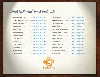 Jennifer Beechen. .  .  .  .  .  .  .  .  .  . http://ar.gy/5j51
Frank Eliason.  .  .  .  .  .  .  .  .  .  .  .  .  . http://ar.gy/5j4x
Justin Gardner.  .  .  .  .  .  .  .  .  .  .  .  . http://ar.gy/5j4v
Jodi Gersh. .  .  .  .  .  .  .  .  .  .  .  .  .  .  .  .  . http://ar.gy/5j4o
Sonny Gill. .  .  .  .  .  .  .  .  .  .  .  .  .  .  .  .  . http://ar.gy/5j4p
Jessica Gioglio.  .  .  .  .  .  .  .  .  .  .  .  . http://ar.gy/5jBE
Callan Green. .  .  .  .  .  .  .  .  .  .  .  .  .  . http://ar.gy/5j4s
Paul Haskell.  .  .  .  .  .  .  .  .  .  .  .  .  .  . http://ar.gy/5j52
Kevin Hunt .  .  .  .  .  .  .  .  .  .  .  .  .  .  .  . http://ar.gy/5j54
Charlie Kautz.  .  .  .  .  .  .  .  .  .  .  .  .  . http://ar.gy/5j4u
Jason Miller. .  .  .  .  .  .  .  .  .  .  .  .  .  .  . http://ar.gy/5j53
Scott Monty. .  .  .  .  .  .  .  .  .  .  .  .  .  .  . http://ar.gy/5j4e
Dave Morse.  .  .  .  .  .  .  .  .  .  .  .  .  .  .  . http://ar.gy/5j4t
Katie Morse. .  .  .  .  .  .  .  .  .  .  .  .  .  .  . http://ar.gy/5j4h
Adrian Parker.  .  .  .  .  .  .  .  .  .  .  .  .  . http://ar.gy/5j56
Katie Richman.  .  .  .  .  .  .  .  .  .  .  .  . http://ar.gy/5j4k
James Royer.  .  .  .  .  .  .  .  .  .  .  .  .  .  .  . http://ar.gy/5j50
Amrita Saharasbudhe. .  .  .  .  . http://ar.gy/5j57
Vanessa Sain-Dieguez. .  .  .  .  . http://ar.gy/5j4g
Lauren Salazar.  .  .  .  .  .  .  .  .  .  .  .  . http://ar.gy/5j55
Bryan Srabian. .  .  .  .  .  .  .  .  .  .  .  .  . http://ar.gy/5j4z
Joe Stupp. .  .  .  .  .  .  .  .  .  .  .  .  .  .  .  .  .  . http://ar.gy/5j4j
Lauren Teague. .  .  .  .  .  .  .  .  .  .  .  . http://ar.gy/5j4f
Brad Walters. .  .  .  .  .  .  .  .  .  .  .  .  .  . http://ar.gy/5j4w
Michele Wingate.  .  .  .  .  .  .  .  .  . http://ar.gy/5j4r
Rick Wion .  .  .  .  .  .  .  .  .  .  .  .  .  .  .  .  . http://ar.gy/5j4m
Links to Social Pros Podcasts
 