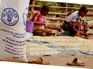 Social protection helps households
to overcome undernourishment by
providing direct access to food or
means to buy food.
Underlying causes of malnutrition
can be addressed through promotive and transformative policy
instruments strengthening access to markets, productive resources,
their better management, and investments in human capital.