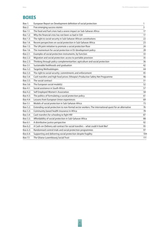 The 2010 European Boxes Report on Development 
BOXES 
Box 1: European Report on Development defi nition of social protection 1 
Box 2: Five emerging success stories 3 
Box 1.1: The food and fuel crises had a severe impact on Sub-Saharan Africa 17 
Box 1.2: Why the fi nancial crisis has not been so bad in SSA 17 
Box 1.3: The right to social security in Sub-Saharan African constitutions 22 
Box 1.4: Recent perspectives on social protection in Sub-Saharan Africa 23 
Box 1.5: The UN joint initiative to promote a social protection fl oor 24 
Box 1.6: The momentum for social protection in EU development policy 28 
Box 2.1: Examples of social protection instruments, by function 33 
Box 2.2: Migration and social protection: access to portable provision 35 
Box 2.3: Thinking through policy complementarities: agriculture and social protection 36 
Box 3.1: Sustainable livelihoods and graduation 42 
Box 3.2: Targeting Methodologies 44 
Box 3.3: The right to social security: commitments and enforcement 45 
Box 3.4: Cash transfers and high food prices: Ethiopia’s Productive Safety Net Programme 46 
Box 3.5: The social contract 51 
Box 3.6: The European social model(s) 52 
Box 4.1: Social assistance in South Africa 57 
Box 4.2: Self Employed Women’s Association 58 
Box 4.3: The politics of formulating a social protection policy 61 
Box 4.4: Lessons from European Union experiences 69 
Box 5.1: Models of social protection in Sub-Saharan Africa 73 
Box 5.2: Extending social protection to non-formal sector workers: The international quest for an alternative 76 
Box 5.3: Community based health insurance in Africa 78 
Box 5.4: Cash transfers for schooling to fi ght HIV 87 
Box 5.5: Aff ordability of social protection in Sub-Saharan Africa 88 
Box 6.1: A distributive justice perspective 92 
Box 6.2: A Cash-on-Delivery aid contract for social transfers – what could it look like? 95 
Box 6.3: Randomised control trials and social protection programmes 97 
Box 6.4: Supporting and delivering social protection despite fragility 104 
Box 7.1: The Ghana-Luxembourg Social Trust 111 
X 
 
