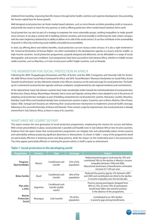 The 2010 European Report on Development 
2 
Overview 
sheltered from hardship, improving their life chances through better health, nutrition and cognitive development, thus providing 
the human capital base for future growth. 
Well-designed social protection can foster market-based solutions, such as micro-fi nance activities providing credit or insurance, 
and provide the means to reach the very poorest, as well as off ering protection when market-based solutions fail to work. 
Social protection can also be part of a strategy to empower the most vulnerable groups, tackling inequalities to make growth 
more inclusive. It can play a central role in building cohesive societies, and more broadly in reinforcing the state-citizen compact, 
with the state’s legitimacy bolstered by its ability to deliver on its side of the social contract. It can thus contribute to the sustainability 
of growth in Africa by reinforcing social stability and political accountability. 
In short, by off ering direct and indirect benefi ts, social protection can turn vicious circles virtuous. It is also a right enshrined in 
the ‘Universal Declaration of Human Rights’, too often overlooked in the development agenda as a luxury only for middle- or 
high-income countries. Social protection programmes, properly designed and delivered, can be aff ordable in a range of social, 
demographic, and economic conditions. Such programmes have been successful in Sub-Saharan Africa, whether in middle-income 
stable countries, such as Mauritius, or in low-income post-confl ict fragile countries, such as Rwanda. 
THE MOMENTUM FOR SOCIAL PROTECTION IN AFRICA 
Following the 2004 ‘Ouagadougou Declaration and Plan of Action’ and the 2006 ‘Livingstone and Yaoundé Calls for Action’, 
the 2008 ‘African Union Social Policy Framework for Africa’ and 2010 ‘Social Ministers’ Khartoum Declaration on Social Policy Action 
Towards Social Inclusion’ are key milestones towards a Pan-African consensus on the need and scope for social protection. The build-up 
of a continental social protection agenda continues unabated, complemented by sub-regional initiatives and commitments. 
At the national level, many Sub-Saharan countries have made considerable strides towards the institutionalisation of social protection: 
Burkina Faso, Ghana, Kenya, Mozambique, Rwanda, Sierra Leone and Uganda, among others, have adopted or are in the process of 
adopting social protection strategies as part of building comprehensive social protection systems. Botswana, Lesotho, Mauritius, 
Namibia, South Africa and Swaziland already have social pension systems in place. Countries such as Benin, Burkina, Côte d’Ivoire, 
Gabon, Mali, Senegal and Tanzania are reforming their social protection mechanisms to implement universal health coverage, 
following in the successful footsteps of Ghana and Rwanda. There remains scope for improvement, but social protection is already 
entrenched in Sub-Saharan Africa, at least in many of its countries. 
WHAT HAVE WE LEARNT SO FAR? 
This report reviews the new generation of social protection programmes, emphasising the reasons for success and failure. 
With certain preconditions in place, social protection is possible and feasible even in Sub-Saharan Africa’s low-income countries. 
Evidence from the report shows that social protection programmes can mitigate risks and substantially reduce chronic poverty 
and vulnerability without producing signifi cant distortions or disincentives. As shown in Table 1, many of the programmes listed 
are particularly eff ective in lowering severe and deep poverty, while the impact on the moderately poor is less pronounced. 
Thus they appear particularly eff ective in reaching the poorest which, in itself, is quite an achievement. 
Table 1: Social protection in the developing world 
Programme Country Type Coverage Impact 
Progresa- 
Oportunidades 
Mexico 
Conditional cash 
transfer 
25% of the 
population 
Reduced poverty gap in rural areas by 19% and 
contributed 18% to the decline in Mexico’s income 
inequality between 1996 and 2006. 
Educational attainment of benefi ciaries: estimated 
increase 0.7-1.0% per year. 
Bolsa Familia Brazil 
Conditional cash 
transfer 
26% of the 
population 
Reduced the poverty gap by 12% between 2001 
and 2005 and contributed one-third to the decline 
in income inequality over the last decade. 
Plan Jefes 
y Jefas 
Argentina 
Conditional cash 
transfer (public 
works) 
Poverty among participants dropped from 
80% to 72%; an extra 10% of participants 
would have fallen into extreme poverty 
in the absence of the programme. 
Red de 
Protección 
Social 
Nicaragua Cash transfer 
3% of the 
population 
Contributed to an 18% decline 
in poverty gap among benefi ciaries. 
 