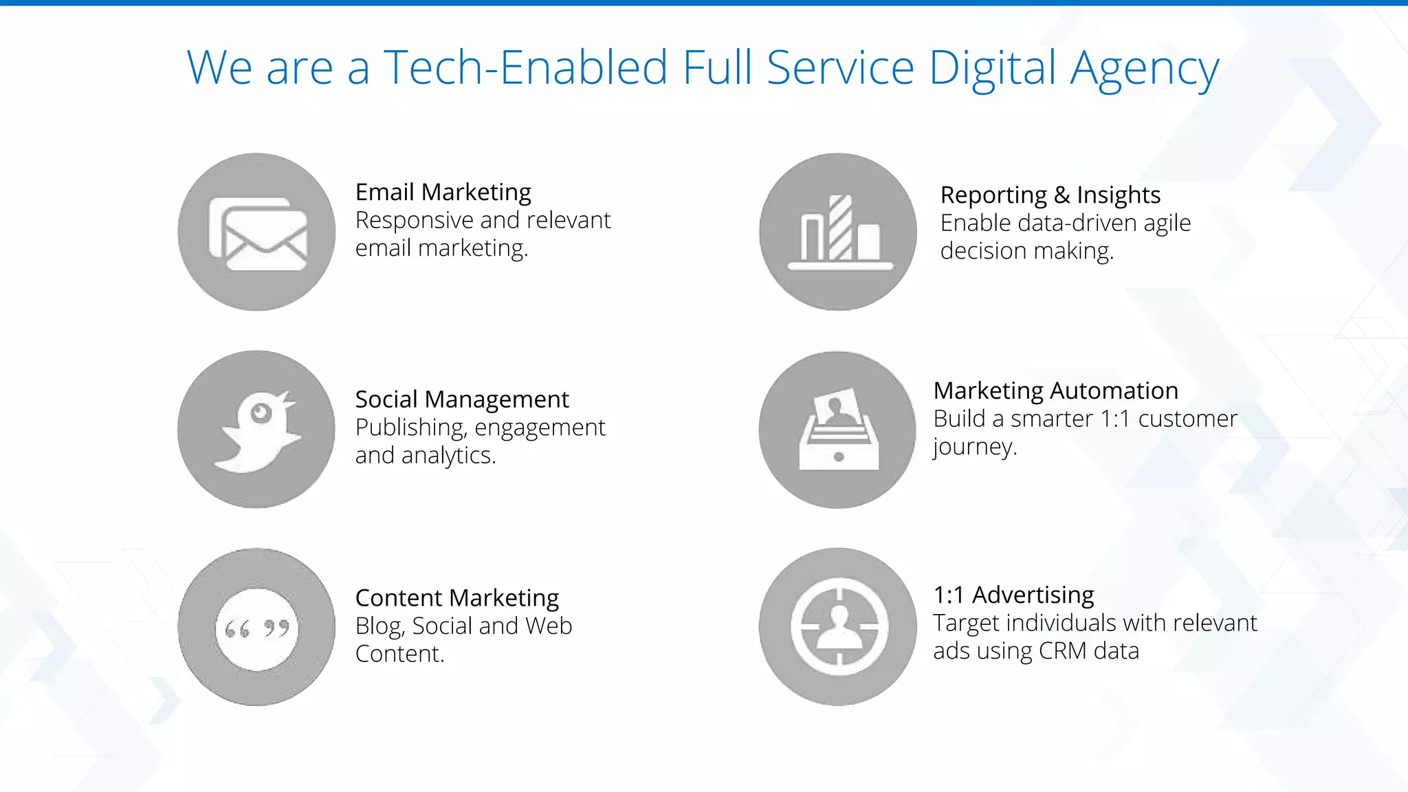 We are a Tech-Enabled Full Service Digital Agency
Social Management
Publishing, engagement
and analytics.
Email Marketing
Responsive and relevant
email marketing.
Content Marketing
Blog, Social and Web
Content.
Reporting & Insights
Enable data-driven agile
decision making.
Marketing Automation
Build a smarter 1:1 customer
journey.
1:1 Advertising
Target individuals with relevant
ads using CRM data
 