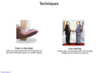 Techniques
Image sources
http://www.12manage.com/
Foot in the door
agree to a large request by first setting them up
by having that person agree to a modest request
Low balling
Initially agree to reasonable deal. Then the deal
changes yet we complete transaction
 