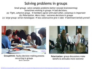 Solving problems in groups
Image sources
http://www.tnp.no/norway/global/2848-groupthink-may-still-be-a-hazard-to-your-organization http://footage.shutterstock.com/clip-3751718-stock-footage-young-man-talking-about-his-struggles-at-support-group.html
Groupthink: faulty decision making process
occurring in groups
Devil’s advocate
Polarization: group discussions make
beliefs & attitudes more extreme
Small groups solve complex problems better (except brainstorming)
Sometimes working in groups  bad decisions.
(a) Tight, cohesive group.  members agree with each other, consensus is important
(b) Polarization. More risky / extreme decisions in groups
(c) large group: serial monologues  less constructive give n take  dominant beliefs prevail
 