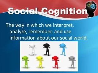 Social Cognition
The way in which we interpret,
analyze, remember, and use
information about our social world.
 