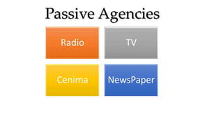 Passive Agencies
Radio TV
Cenima NewsPaper
 