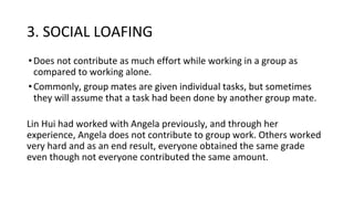3. SOCIAL LOAFING
•Does not contribute as much effort while working in a group as
compared to working alone.
•Commonly, group mates are given individual tasks, but sometimes
they will assume that a task had been done by another group mate.
Lin Hui had worked with Angela previously, and through her
experience, Angela does not contribute to group work. Others worked
very hard and as an end result, everyone obtained the same grade
even though not everyone contributed the same amount.
 