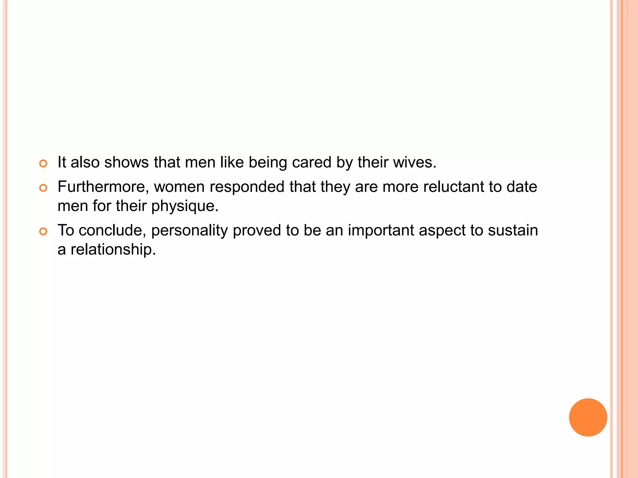 

It also shows that men like being cared by their wives.



Furthermore, women responded that they are more reluctant to date
men for their physique.



To conclude, personality proved to be an important aspect to sustain
a relationship.

 