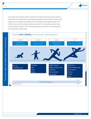 The campaign had a few early missteps, including the initial rollout of the mobile campaign featuring
                                                    ringtones that were widely derided, and an embarrassing public spat with Joe Anthony, a devoted early
                                                    supporter who was forced by the campaign to forfeit his MySpace.com/BarackObama page and its
                                                    130,000 friends so that the campaign could take control of it.19 But it was able to overcome these
                                                    miscues by giving its supporters more and better opportunities to create their own social pulpits than
                                                    any campaign had ever given before.


                                                            Establish online credibility and trust through a stepped approach
The Crawl, Walk, Run Methodology for Social Media




                                                                      CRAWL                               WALK                                RUN                       FLY
                                                                   Establish an                                                          Engage online
                                                                                                     Enrich content                                            Embrace community
                                                                 online presence                                                          influencers




                                                             Web site                           Podcasting                         Blogger Outreach           Blogger tours
                                                             Conversation audit                 Video                              Blogger conference calls   Thought leadership blog
                                                                                                Games                              Advertising                Social networks
                                                                                                Widgets                            Ally development           Advocacy
                                                                                                                                   Sponsorships               Contests
                                                                                                                                                              Mobile


                                                                                                                Online Monitoring
                                                            SOURCE: Edelman




                                                                                                                                                                         © Edelman 2009   |   11
 