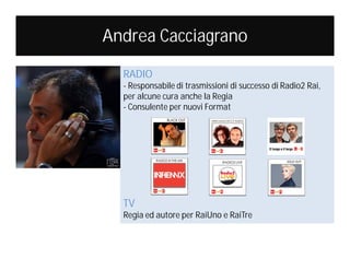 Andrea Cacciagrano
RADIO

- Responsabile di trasmissioni di successo di Radio2 Rai,
per alcune cura anche la Regia
- Consulente per nuovi Format

TV

Regia ed autore per RaiUno e RaiTre

 