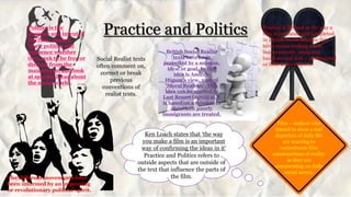 Practice and PoliticsPolitics is the
purpose and intent of
the film - maker.
Their politics will
influence whether
they seek to be free or
distinct from the
mainstream and look
at specific ideas about
the social world.
Ken Loach states that ‘the way
you make a film is an important
way of confirming the ideas in it’
Practice and Politics refers to
outside aspects that are outside of
the text that influence the parts of
the film.
Film – makers who
intend to show a real
depiction of daily life
are reacting to
mainstream film
constructions of reality
as they are
commenting on daily
social issues.
Social Realist texts
often comment on,
correct or break
previous
conventions of
realist texts.
The different movements have
been informed by an improving
or revolutionary political spirit.
British Social Realist
texts have been
propelled by a mission,
ideal or goal. In this
idea is Andrew
Higson’s view, named
‘Moral Realism’. This
idea can be applied to
Last Resort (2000) as it
is based on a mission to
show how poorly
immigrants are treated.
Practice is defined as the way a
film is produced and completed,
in British Social Realism this
term means making a film
independently, using real
locations and non – professional
or little known actors.
 