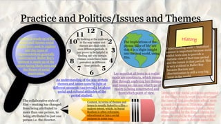 Practice and Politics/Issues and Themes
The collaborative style of
film – making has changed
from being attributed to
more than one person, to
being attributed to just one
person i.e. the director.
Content, in terms of themes and
issues is usually linked to a film –
makers intent, which, in Social
Realism is often reformist,
educational or has a social
purpose in some way.
An understanding of the way certain
themes and issues come to light at
different moments can reveal a lot about
social and cultural attitudes of the
period studied.
By looking at the contrast
in the way issues and
themes are dealt with
over different periods, it
can prove to be helpful in
finding out why certain
themes would have been
prevalent in different
time periods.
The implications of the
phrase ‘Slice of life’ are
that it is a slight insight
into the real world, using
film.
Lay says that all texts in a realist
mode are constructs, which means
that through analysing key themes
and issues we can see what type of
reality is being constructed and
from which point of view.
Content is made up of the
issues and themes social
realist texts seek to explore
and the types of
representations generally
constructed. Bullet Boy’s
content is made up of the
issues facing black men and
the theme of social
deprivation.
Issues are the social problems portrayed
in the films, which were topical around
the time of film production which were
a cause for concern. Whereas, themes
are not often as obvious but are more
often implied by the film, a theme for
example would be the changing role of
the working class in British social life.
History
 
