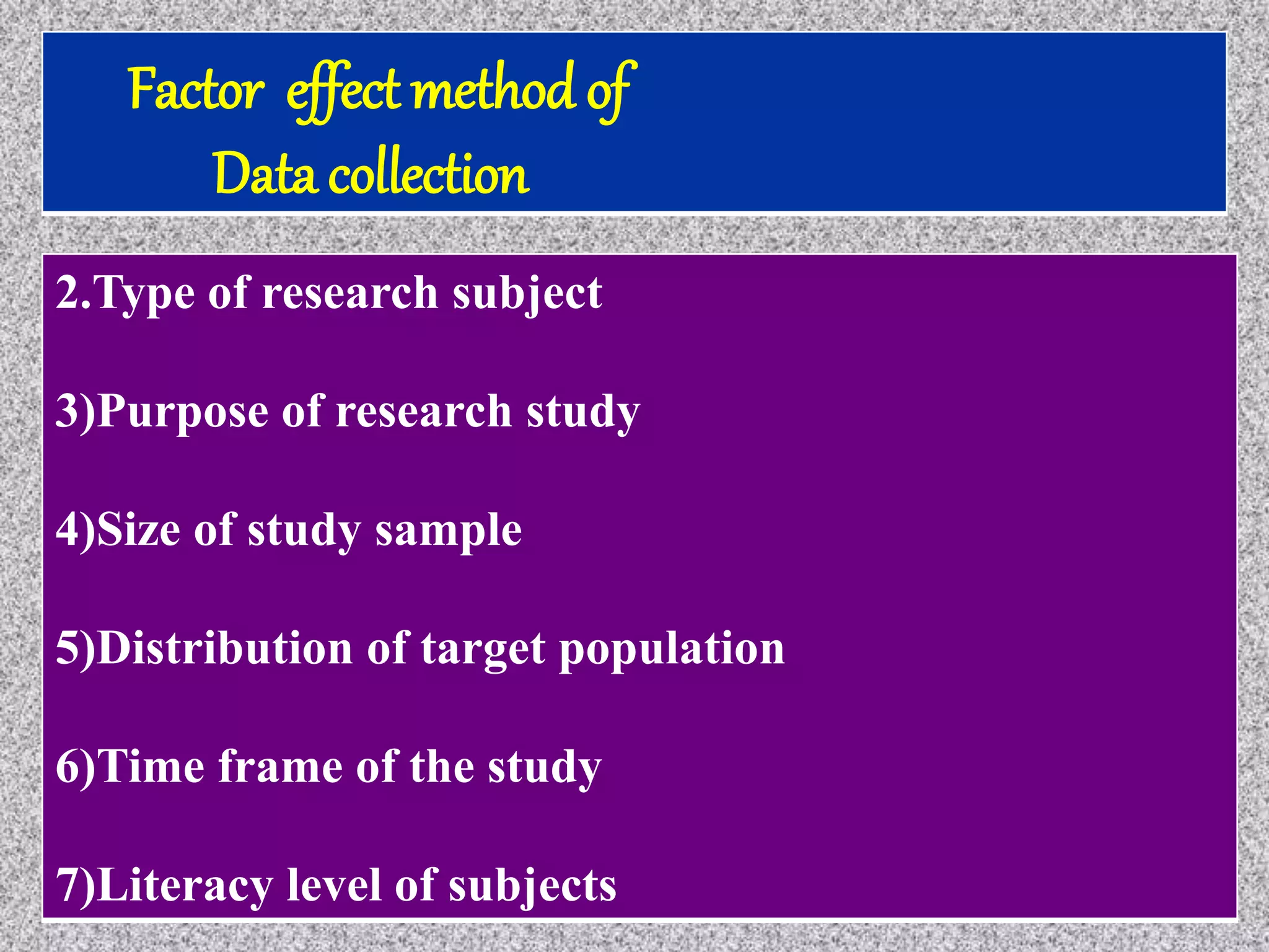 Factor effect method of
Data collection
2.Type of research subject
3)Purpose of research study
4)Size of study sample
5)Distribution of target population
6)Time frame of the study
7)Literacy level of subjects
 