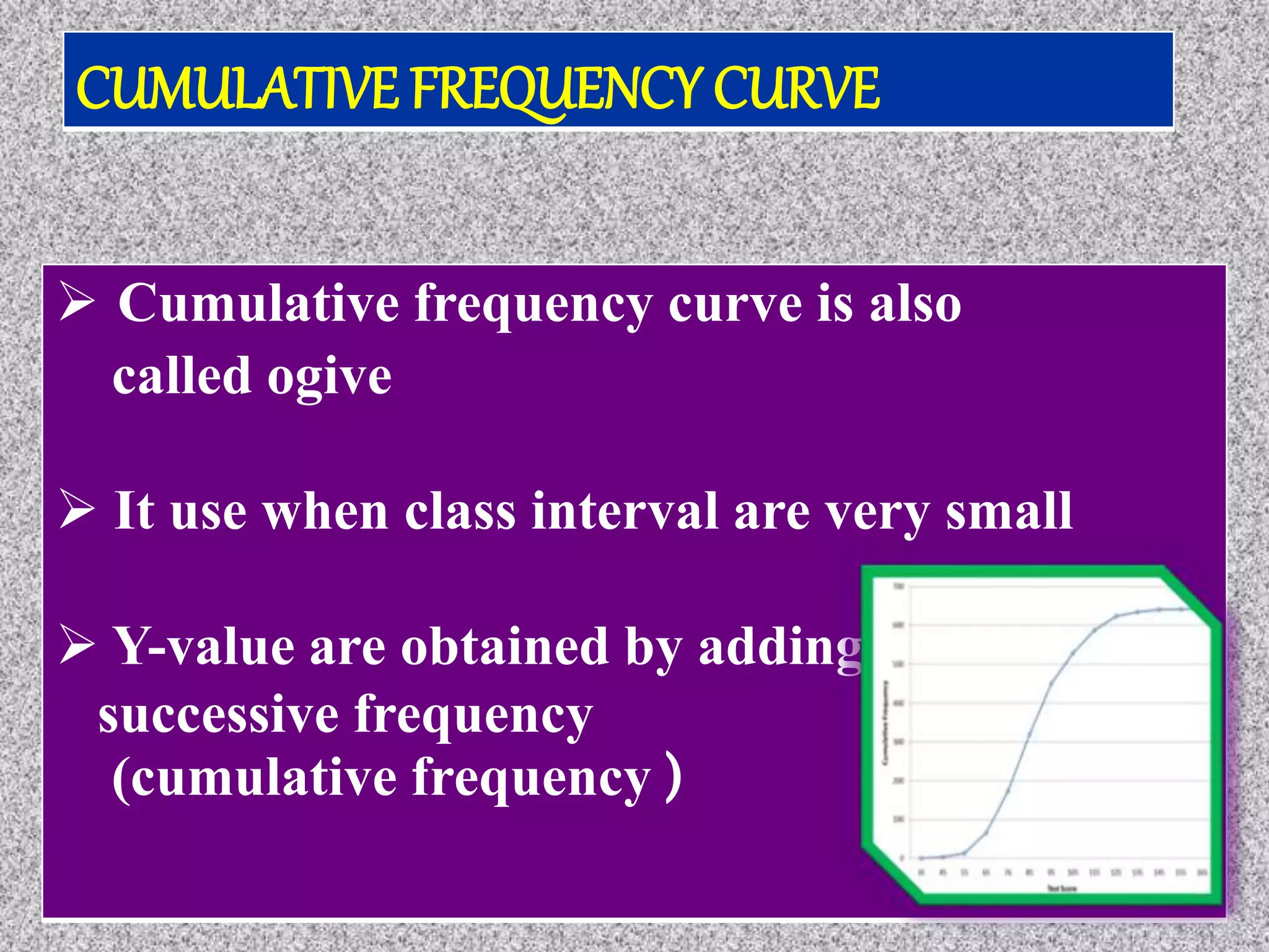 CUMULATIVE FREQUENCY CURVE
 Cumulative frequency curve is also
called ogive
 It use when class interval are very small
 Y-value are obtained by adding
successive frequency
(cumulative frequency )
 