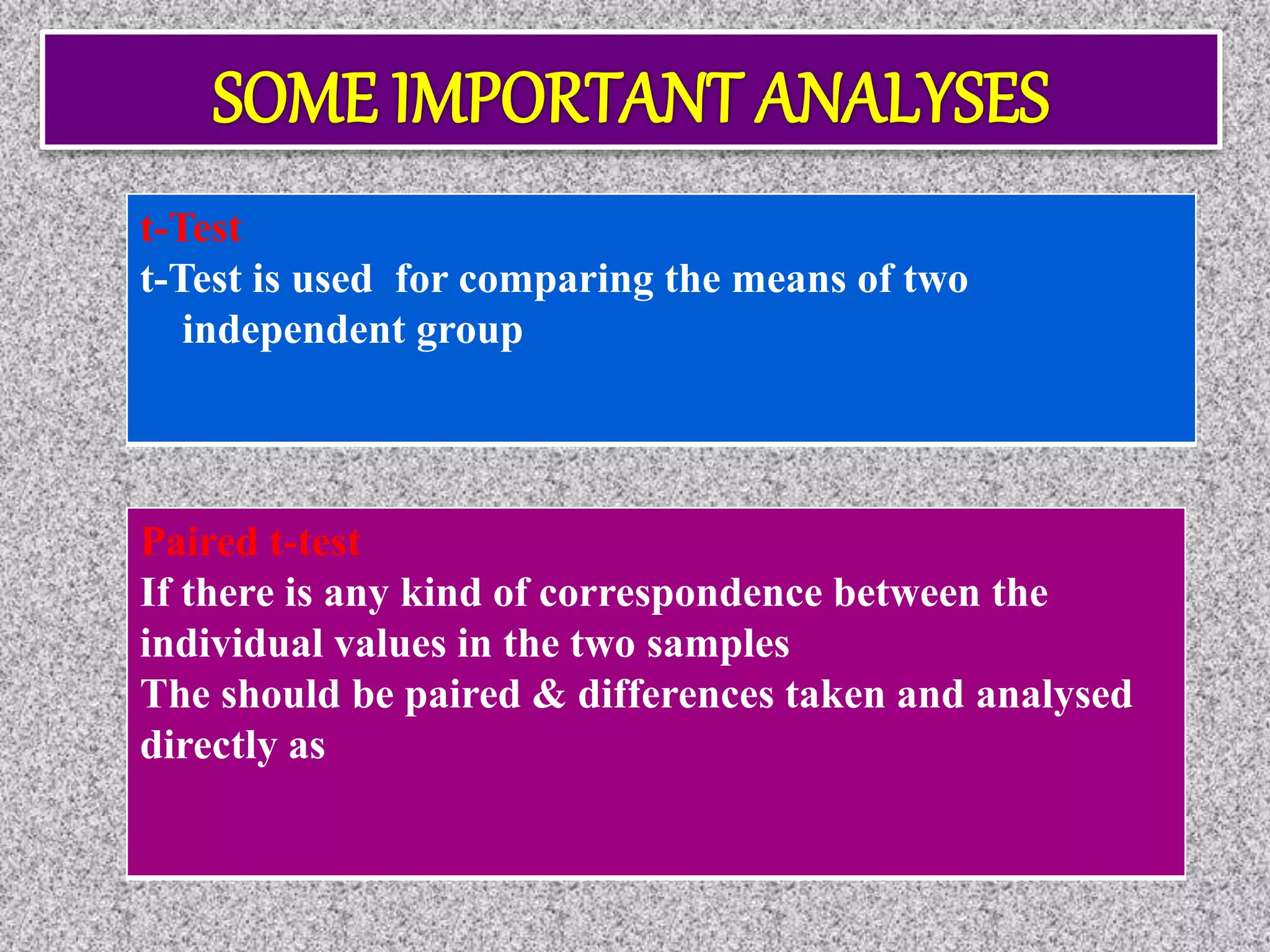 t-Test
t-Test is used for comparing the means of two
independent group
Paired t-test
If there is any kind of correspondence between the
individual values in the two samples
The should be paired & differences taken and analysed
directly as
 