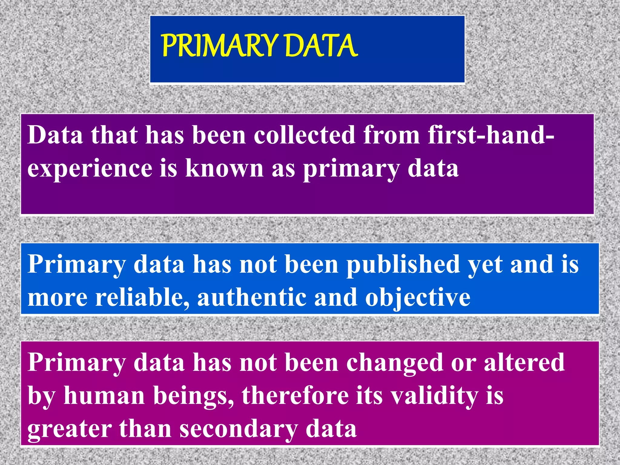 Data that has been collected from first-hand-
experience is known as primary data
Primary data has not been changed or altered
by human beings, therefore its validity is
greater than secondary data
Primary data has not been published yet and is
more reliable, authentic and objective
PRIMARY DATA
 
