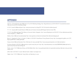 APPENDIX
3/27/12. 12 Essential Facts about Millennials for Your 2012 Marketing Strategy. http://blog.factbrowser.com/2012/03/27/12-essential-facts-about-
millennials-for-your-2012-marketing-strategy/

4/19/12. Inside the Millennial Spend. http://www.prosumerreport.com/blog/2011/04/19/inside-the-millennial-spend/

7/11/12. SymphonyIRI Unravels Mindset of Millennials and Introduces SymphonyIRI Shopper Sentiment Index (TM).

7/12/12. How Millennials Spend Their Money on Consumer Goods: Infographic. http://www.huffingtonpost.com/2012/07/12/how-millennials-spend-their-
money-infographic_n_1669077.html

Albritton, Karen. Millennial misunderstanding? http://www.capstrat.com/elements/downloads/files/millennial-whitepaper.pdf

Byrne, K., Carpenter, M., Chen, A., Schultz, K., Walsh, K. 8/2/2012. Social Recess Primary Research Survey. http://bumanagement.qualtrics.com//CP/
Report.php?RP=RP_cTSzl6Lu0aPYDdP.

Campus Auction Millennial Generation Facts. What does this mean practically? http://www.campusauctionpartners.com/millennial-statistics/

De Groote, Michael. 5/25/2012. Millennials love to spend money they don’t have. http://www.deseretnews.com/article/865556455/Millennials-love-to-
spend-money-they-dont-have.html?pg=all

Fridrich, Julia. 4/12/12 Millennials, Money, and What Matters Most. http://www.javelinexperiential.com/experiential-marketing/millennials-money-and-what-
matters-most

Griffin, Keith. 6/27/2012. To reach millennial market, retailers must target moms.

Halpert, Julia. 5/15/12 Millennials: Young, Broke, and Spending on Luxury


                                                                                                                                                            15
 