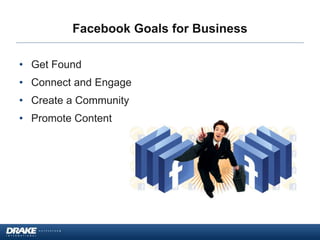 Facebook Goals for Business
• Get Found
• Connect and Engage
• Create a Community
• Promote Content
 