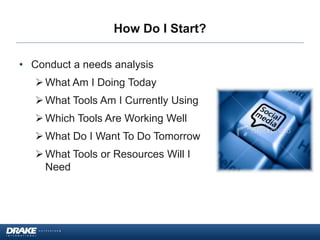 How Do I Start?
• Conduct a needs analysis
What Am I Doing Today
What Tools Am I Currently Using
Which Tools Are Working Well
What Do I Want To Do Tomorrow
What Tools or Resources Will I
Need
 