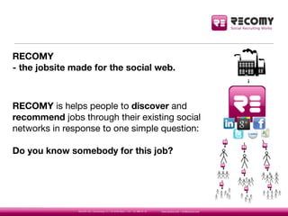 RECOMY
- the jobsite made for the social web.



RECOMY is helps people to discover and
recommend jobs through their exist...