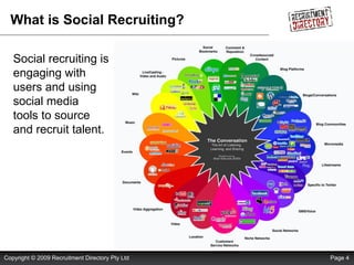 What is Social Recruiting? Social recruiting is engaging with users and using social media  tools to source and recruit ta...