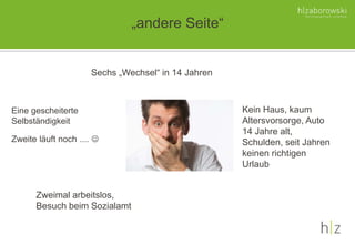 „andere Seite“
Eine gescheiterte
Selbständigkeit
Zweite läuft noch .... 
Zweimal arbeitslos,
Besuch beim Sozialamt
Kein Haus, kaum
Altersvorsorge, Auto
14 Jahre alt,
Schulden, seit Jahren
keinen richtigen
Urlaub
Sechs „Wechsel“ in 14 Jahren
 