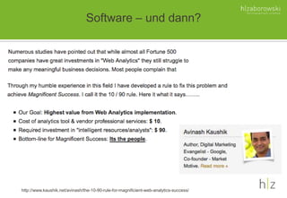 Software – und dann?
http://www.kaushik.net/avinash/the-10-90-rule-for-magnificient-web-analytics-success/
 