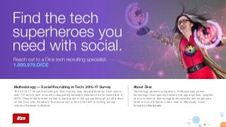 Methodology — Social Recruiting in Tech: 2016-17 Survey
The 2016-17 Social Recruiting in Tech Survey was administered by Dice online,
with 717 active tech recruiters responding between October 24 and November 2,
2016. Respondents were invited to participate in the survey through a notification
on the Dice site. All data in this document is from this tech recruiting survey
unless otherwise indicated.
About Dice
Technology powers companies. Professionals power
technology. Dice quickly delivers the opportunities, insights
and connections technology professionals and employers
need to move forward. Learn how to effectively move
forward at dice.com.
 