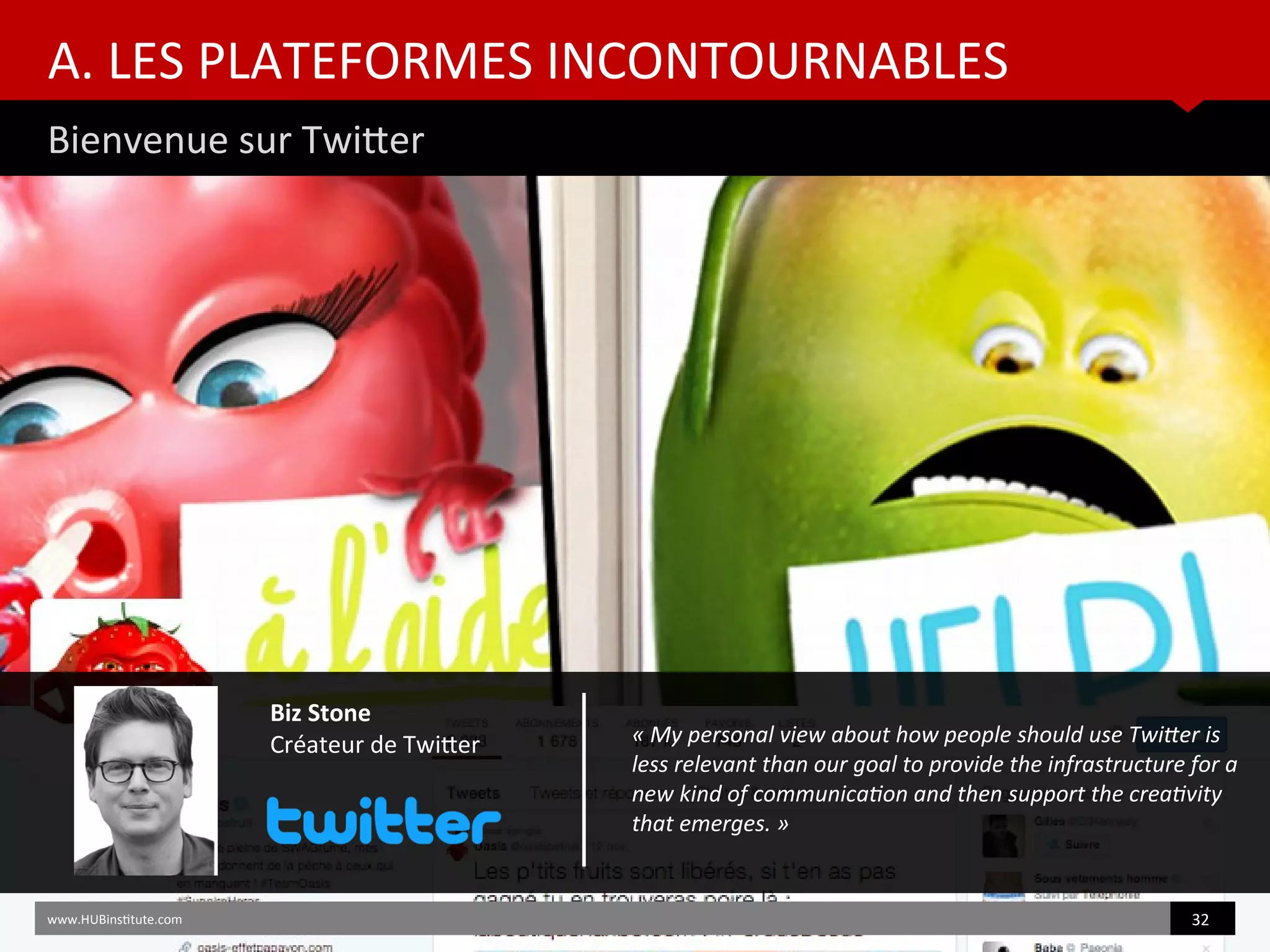 A. LES PLATEFORMES INCONTOURNABLES
Bienvenue sur Twiter
www.HUBinsttute.com 32
Biz Stone
Créateur de Twiter « My personal view about how people should use Twiter is
less relevant than our goal to provide the infrastructure for a
new kind of communicaton and then support the creatvity
that emerges. »
 