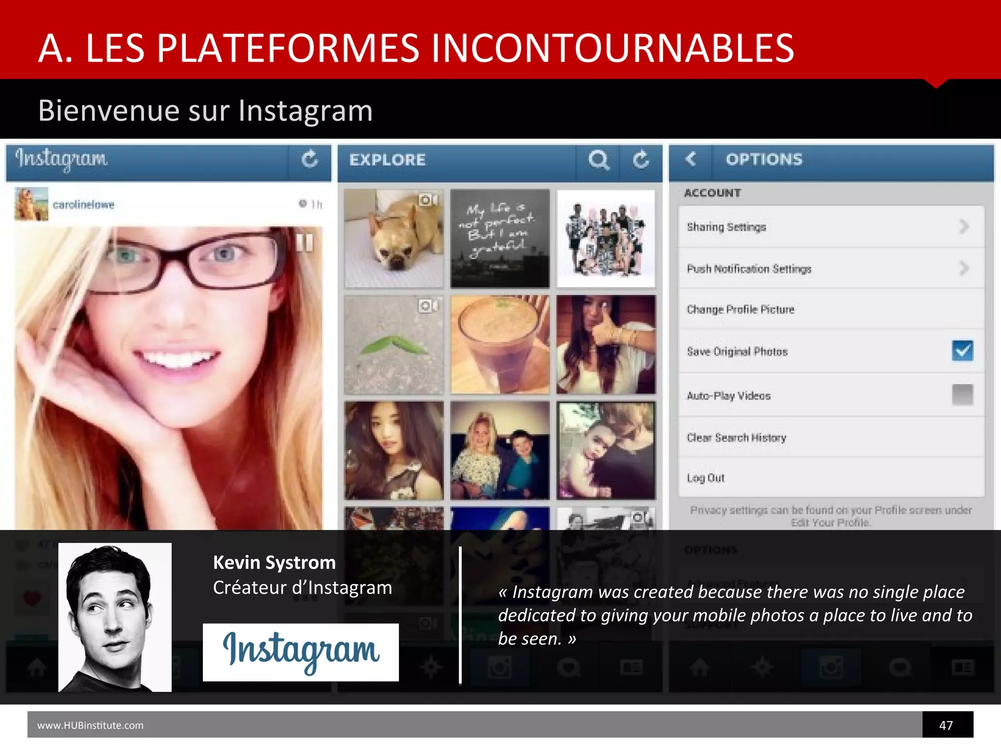 A. LES PLATEFORMES INCONTOURNABLES
Bienvenue sur Instagram
www.HUBinsttute.com 47
Kevin Systrom
Créateur d’Instagram « Instagram was created because there was no single place
dedicated to giving your mobile photos a place to live and to
be seen. »
 