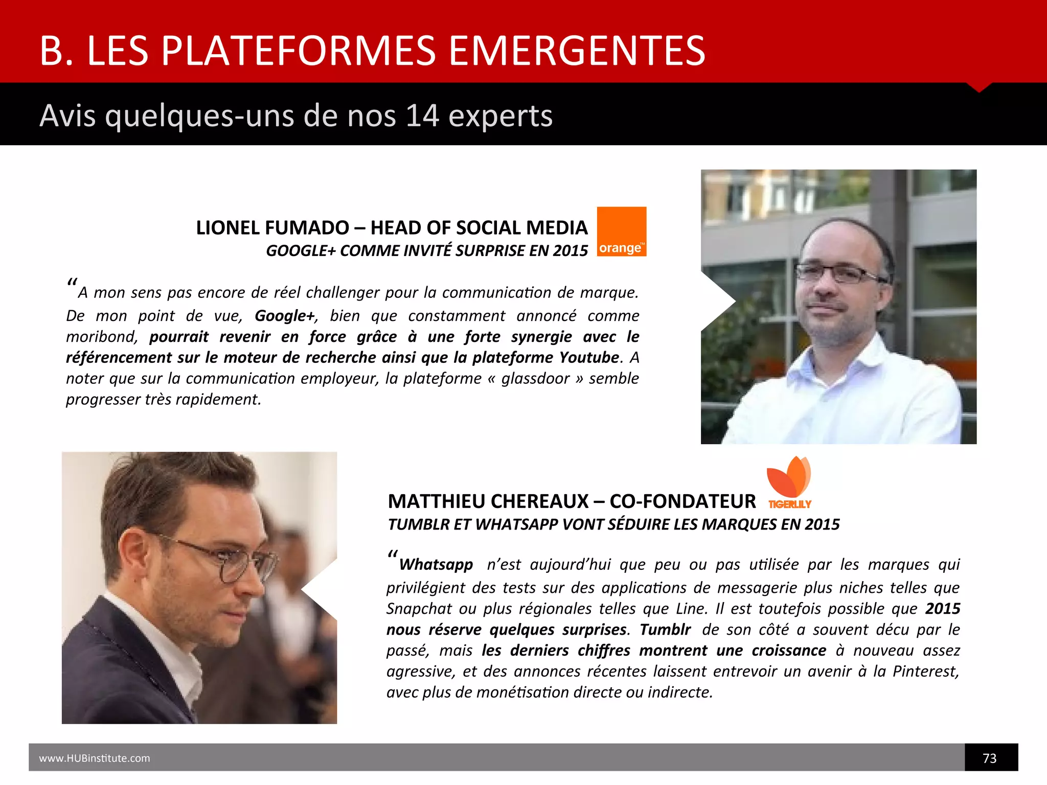“Whatsapp   n’est  aujourd’hui  que  peu  ou  pas  utlisée  par  les  marques  qui
privilégient des  tests  sur des applicatons de messagerie plus niches telles que
Snapchat  ou  plus  régionales  telles  que  Line.  Il  est  toutefois  possible  que 2015
nous réserve quelques surprises. Tumblr   de  son  côté  a  souvent  décu  par  le
passé,  mais les derniers chifres montrent une croissance à  nouveau  assez
agressive, et des annonces récentes laissent entrevoir un avenir à la Pinterest,
avec plus de monétsaton directe ou indirecte.
B. LES PLATEFORMES EMERGENTES
Avis quelques-uns de nos 14 experts
www.HUBinsttute.com 73
MATTHIEU CHEREAUX – CO-FONDATEUR
TUMBLR ET WHATSAPP VONT SÉDUIRE LES MARQUES EN 2015
“A mon sens pas encore de réel challenger pour la communicaton de marque.
De  mon  point  de  vue, Google+,  bien  que  constamment  annoncé  comme
moribond, pourrait revenir en force grâce à une forte synergie avec le
référencement sur le moteur de recherche ainsi que la plateforme Youtube. A
noter que sur la communicaton employeur, la plateforme « glassdoor » semble
progresser très rapidement.
LIONEL FUMADO – HEAD OF SOCIAL MEDIA
GOOGLE+ COMME INVITÉ SURPRISE EN 2015
 