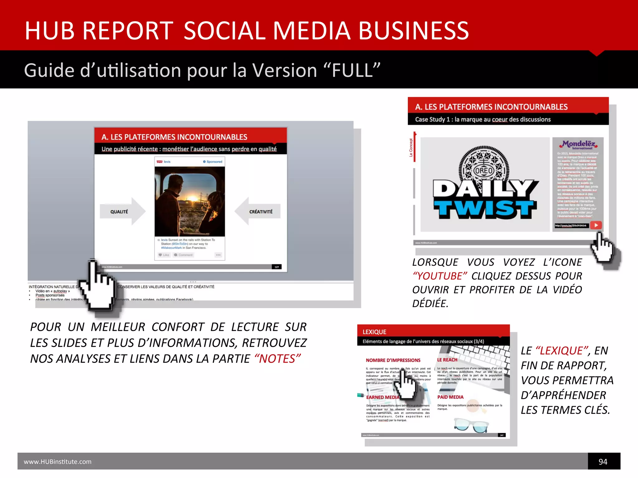 HUB REPORT SOCIAL MEDIA BUSINESS
Guide d’utlisaton pour la Version “FULL”
www.HUBinsttute.com 94
POUR  UN  MEILLEUR  CONFORT  DE  LECTURE  SUR
LES SLIDES ET PLUS D’INFORMATIONS, RETROUVEZ
NOS ANALYSES ET LIENS DANS LA PARTIE “NOTES”
LORSQUE  VOUS  VOYEZ  L’ICONE
“YOUTUBE” CLIQUEZ DESSUS POUR
OUVRIR  ET  PROFITER  DE  LA  VIDÉO
DÉDIÉE.
LE “LEXIQUE”, EN
FIN DE RAPPORT,
VOUS PERMETTRA
D’APPRÉHENDER
LES TERMES CLÉS.
 