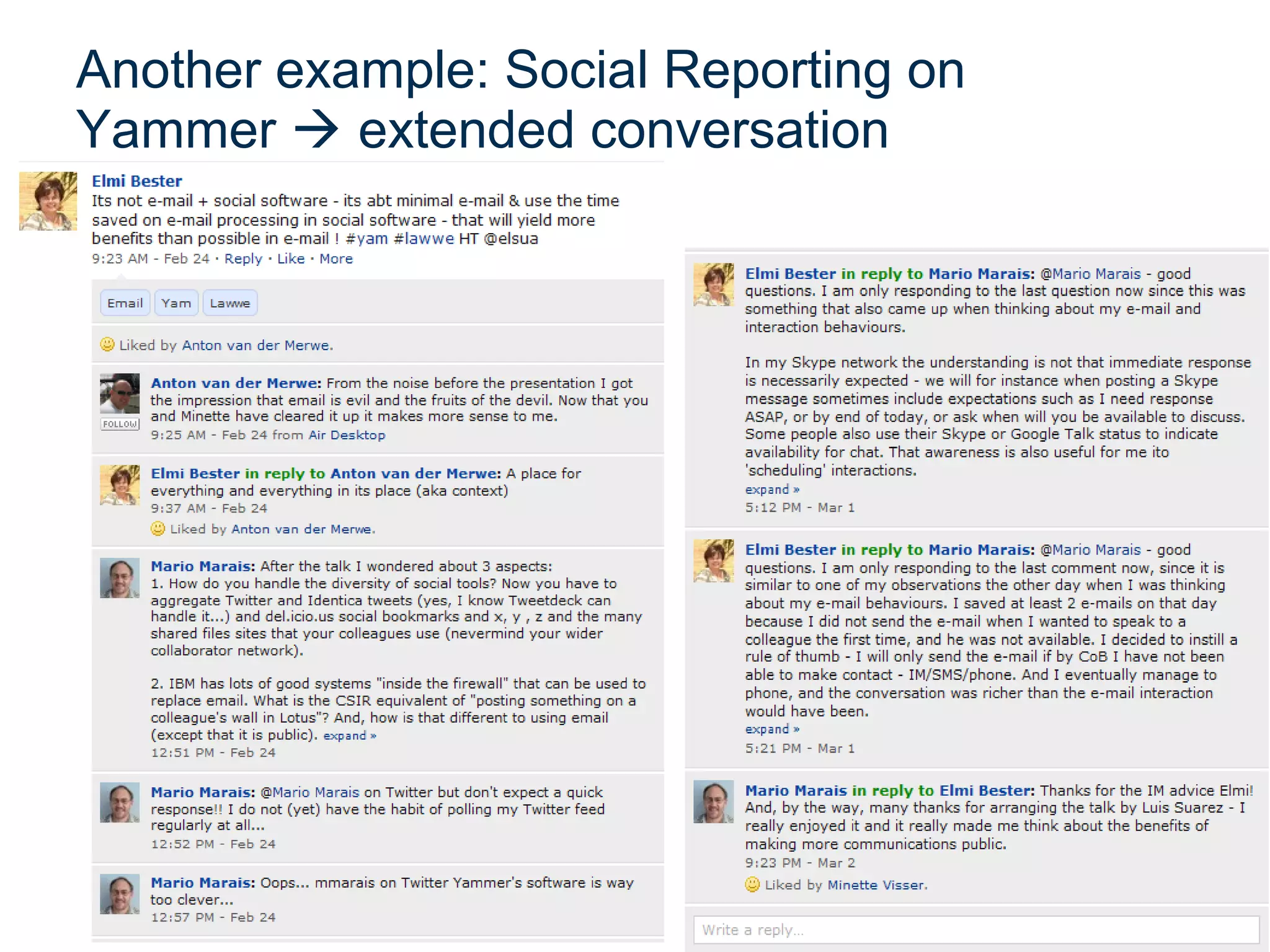 Another example: Social Reporting on
            Extended conversations
Yammer  extended conversation
 