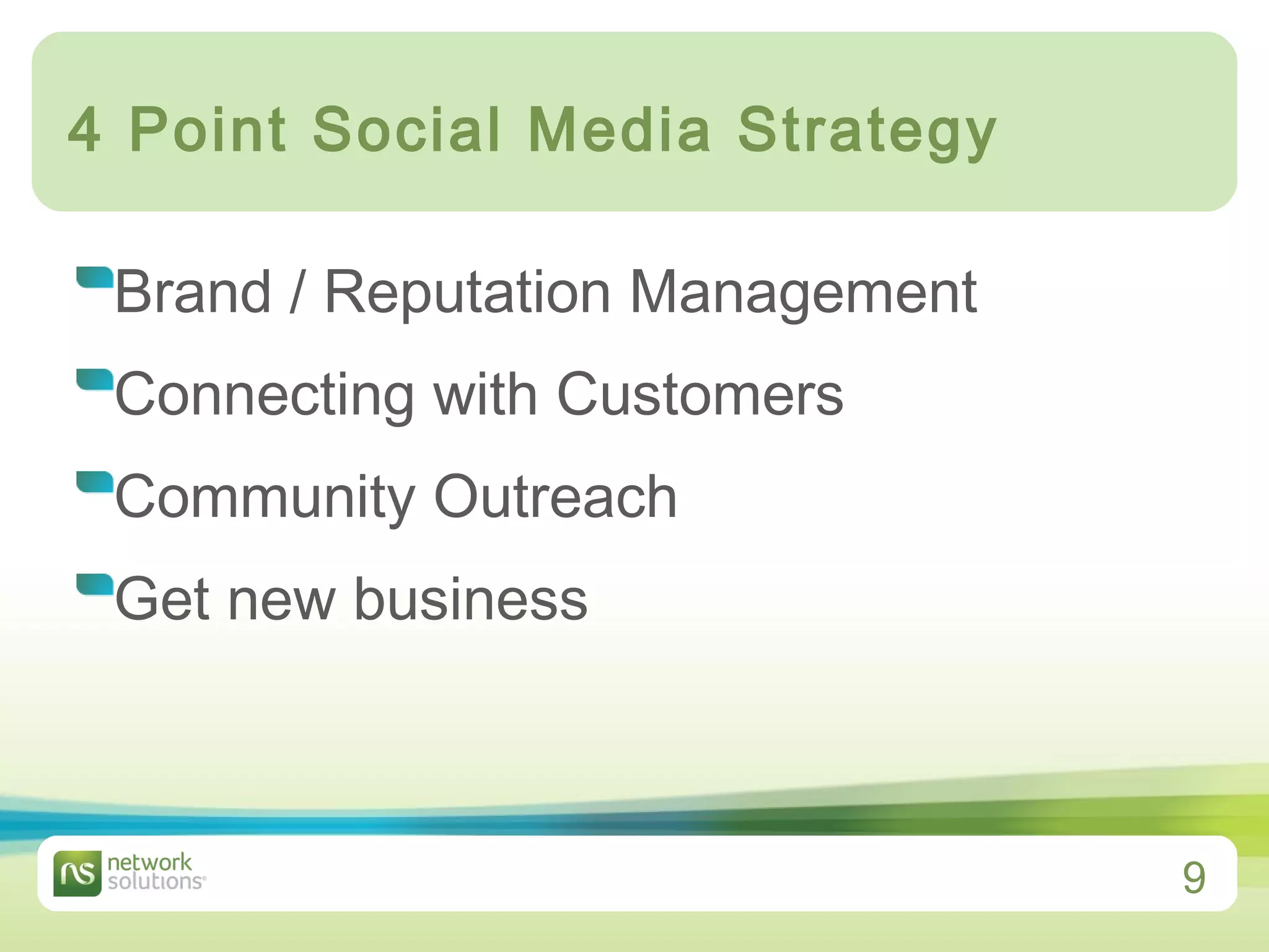 4 Point Social Media Strategy Brand / Reputation Management Connecting with Customers Community Outreach Get new business 