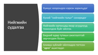 Нийгмийн
судалгаа
Хүмүүс хоорондоо хэрхэн харилцдаг
Хүний “нийгмийн талыг” сонирхдог
Нийгмийн ертөнцөд ямар асуудлууд
тохиолдож буйг ойлгох.
Бидний өдөр тутмын ажиглалттай
зөрчилдөж болно.
Аливаа зүйлийг ойлгохдоо тогтсон
“арга” ашигладаг.
 