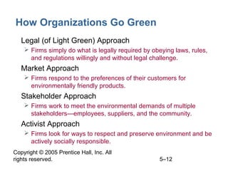Copyright © 2005 Prentice Hall, Inc. All
rights reserved. 5–12
How Organizations Go Green
• Legal (of Light Green) Approach
 Firms simply do what is legally required by obeying laws, rules,
and regulations willingly and without legal challenge.
• Market Approach
 Firms respond to the preferences of their customers for
environmentally friendly products.
• Stakeholder Approach
 Firms work to meet the environmental demands of multiple
stakeholders—employees, suppliers, and the community.
• Activist Approach
 Firms look for ways to respect and preserve environment and be
actively socially responsible.
 