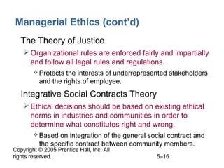 Copyright © 2005 Prentice Hall, Inc. All
rights reserved. 5–16
Managerial Ethics (cont’d)
• The Theory of Justice
Organizational rules are enforced fairly and impartially
and follow all legal rules and regulations.
 Protects the interests of underrepresented stakeholders
and the rights of employee.
• Integrative Social Contracts Theory
Ethical decisions should be based on existing ethical
norms in industries and communities in order to
determine what constitutes right and wrong.
 Based on integration of the general social contract and
the specific contract between community members.
 